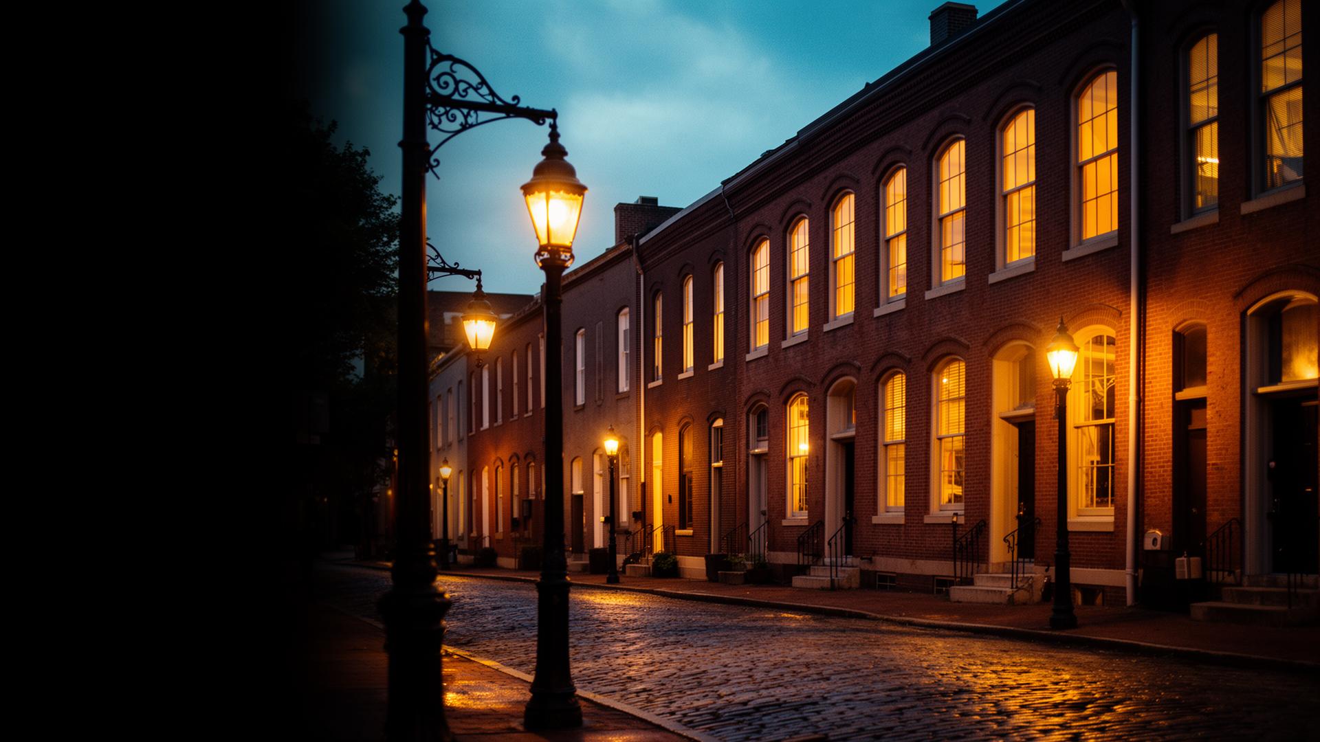 Restored Over-the-Rhine brick rowhouses glowing at dusk along a gas-lit cobblestone street